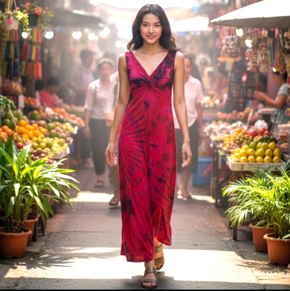 Je T'aime 100% Rayon Bright Fuchsia Tie Dye Maxi Dress Size S/M